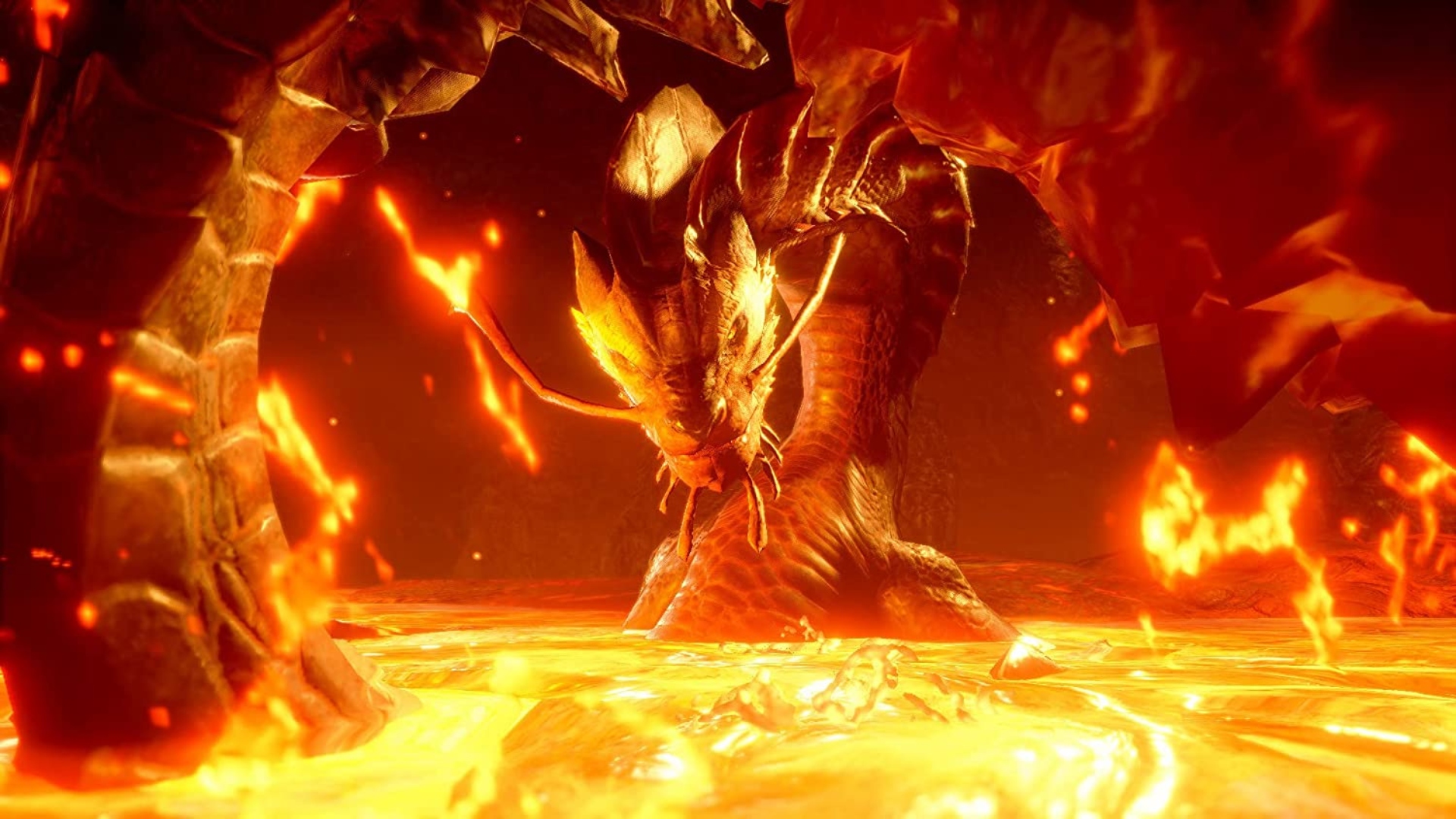 A huge firery dragon in the middle of a bright pool of lava