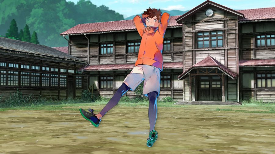 Minoru lying back in his shorts and orange hoody