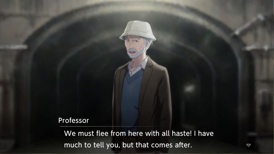 The professor stands in a dark space warning the protagonist about the digital world
