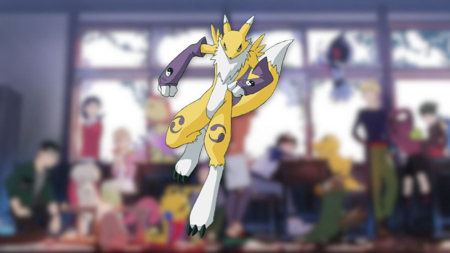 An image of wolf dog Digimon Renamon over a blurred picture of Digimon Survive characters collected in a single room