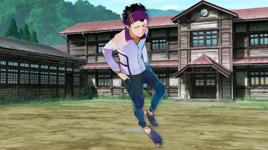 Purple-haired Ryo poses in his white track top and jeans