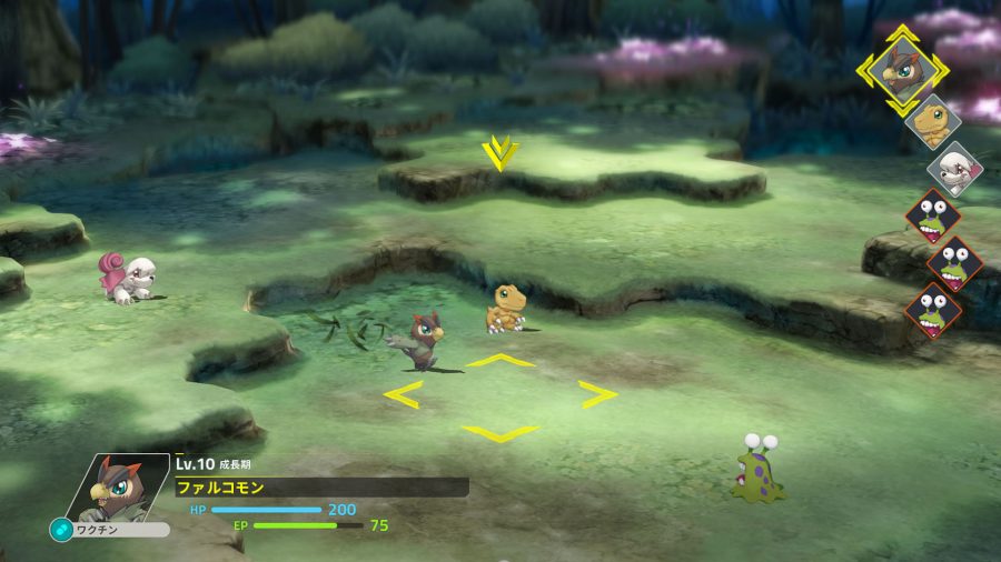 Screenshot of Agumon and Falcomon taking part in a strategic battle in a grassy area