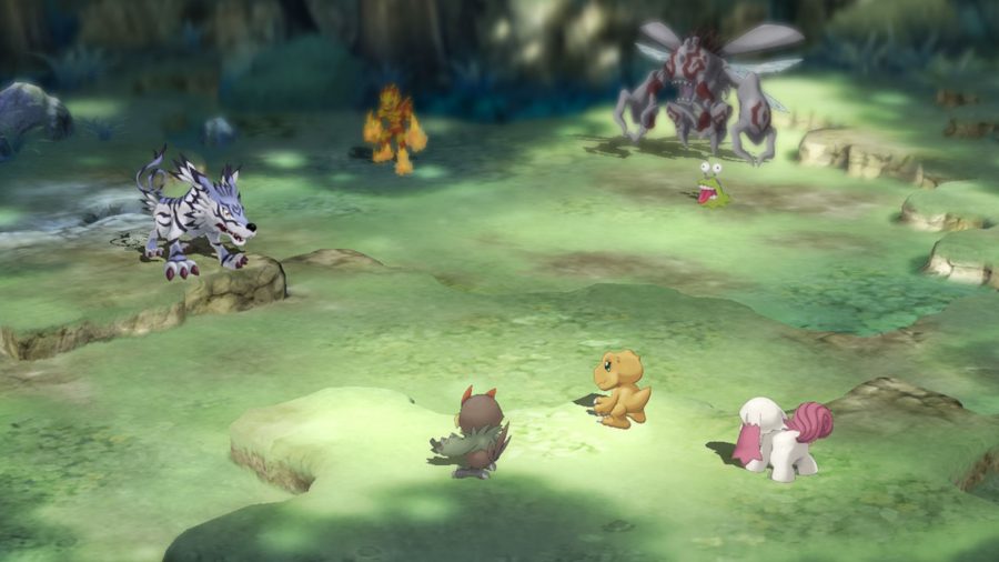 Screenshot of Digimon Survive gameplay with Agumon facing off against Garurumon