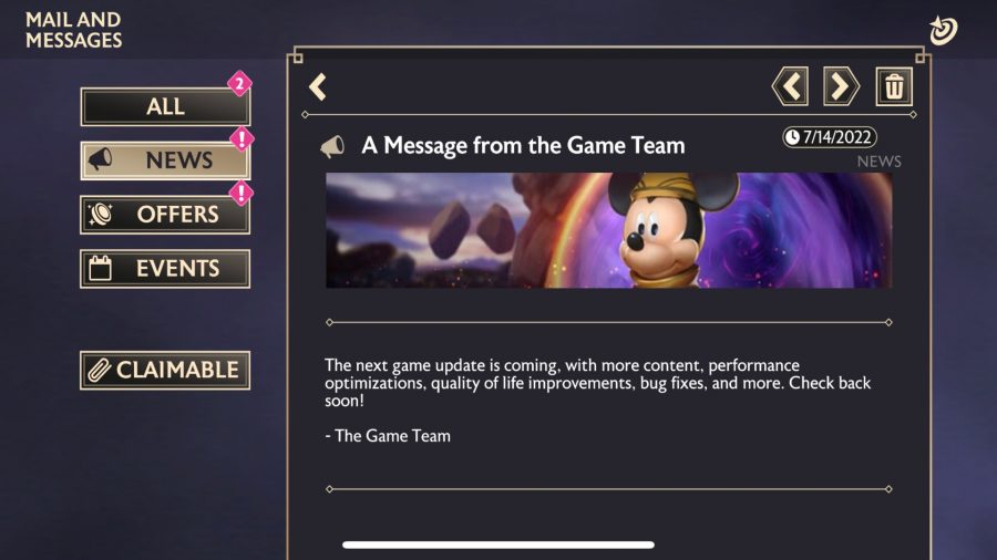 An in-game message discussing the Disney Mirrorverse update