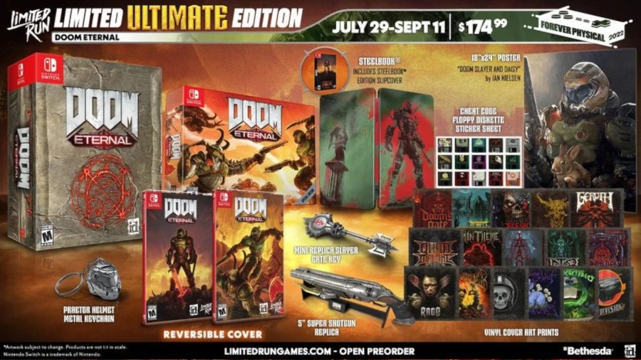 Promotional art for Doom Eternal ultimate edition showcasing all of the goodies that come along, including art prints, a steelbook, and a doomslayer helmet keychain
