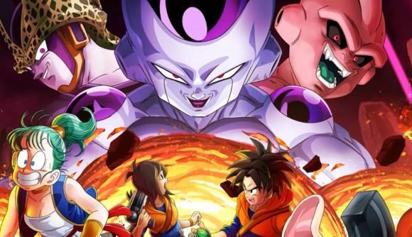 Key art for Dragon Ball: The Breakers release date feating bulma and human characters running away from Cell and Frieza