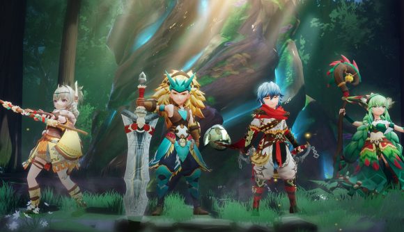Four characters from Dragon Trail: Hunter World. On the left, a woman in. yellow outfit holding a wooden bow, on the right a woman in a green, leafy dress holding a wooden staff. In the middle on the left, a blonde man with a large sword and a turquoise fantasy outfit, and on his right a blue-haired boy with a red and white outfit, sort of like an assassin. They are stood in a leafy, fantastical forest.