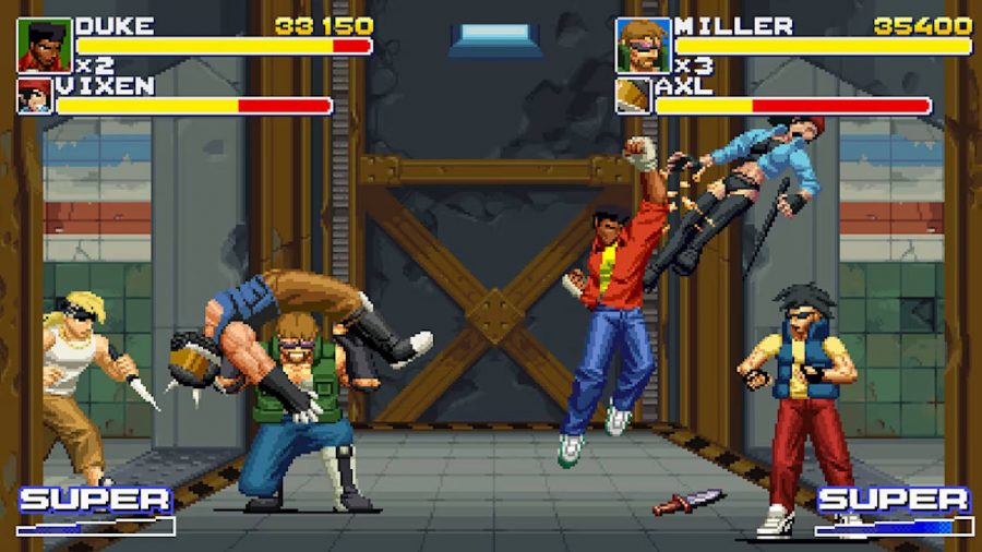 Final Vendetta review: A pixelated scene shows characters fighting off hordes of gang members in the streets, in a style similar to beat-em-ups from the 90s like Streets of Rage 