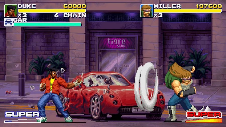 Final Vendetta review: A pixelated scene shows characters fighting off hordes of gang members in the streets, in a style similar to beat-em-ups from the 90s like Streets of Rage 