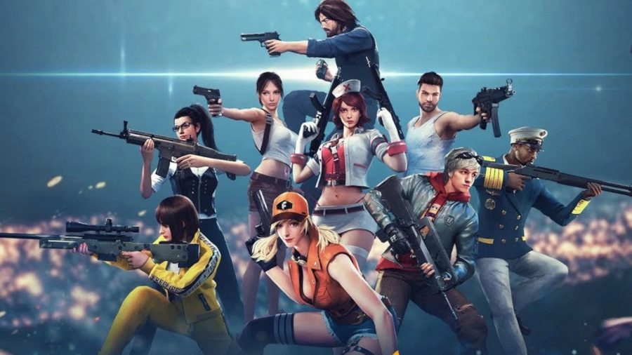 Free Fire redeem codes today - a group of Free Fire characters with their weapons drawn