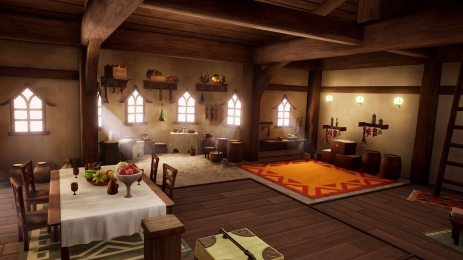 A screenshot from Harvestella showing a house with multiple windows with light shining through. There's a made up dining table, a ruck, various bric a brac, and a general feeling of coziness.