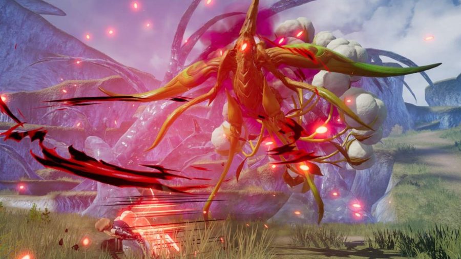 A large, fantastical monster made up of various tentacles with red embers surrounding it, floating in the sky above a grassy plain, in a screenshot from Harvestella.