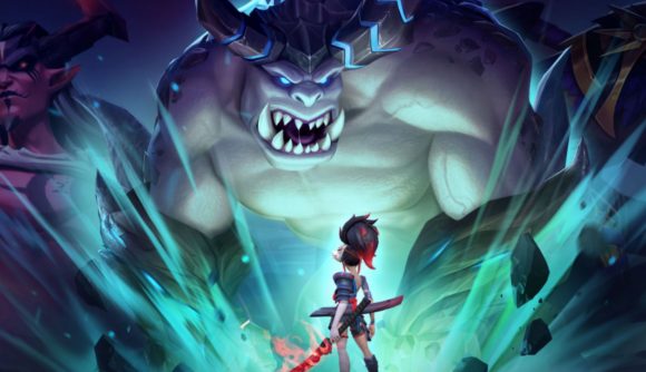 Art for Infinite Magicraid showing a character with a sword, looking up at a large beast with big teeth and glowing horns.