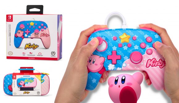 Kirby giveaway: A pair of hands is shown holding a Kirby themed wired controller, next to stock images of the controller in its box, and a Kirby Switch case in its box