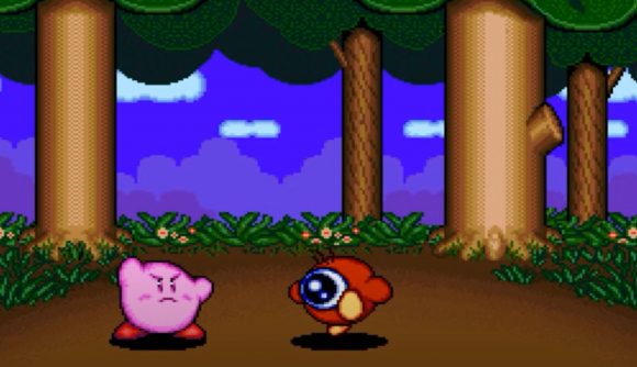 Kirby and a Waddle Dee in a forest from Kirby's Avalanche