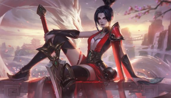 League of Legends: Wild Rift Star Guardian's Rivet sitting down in a red outfit with her sword