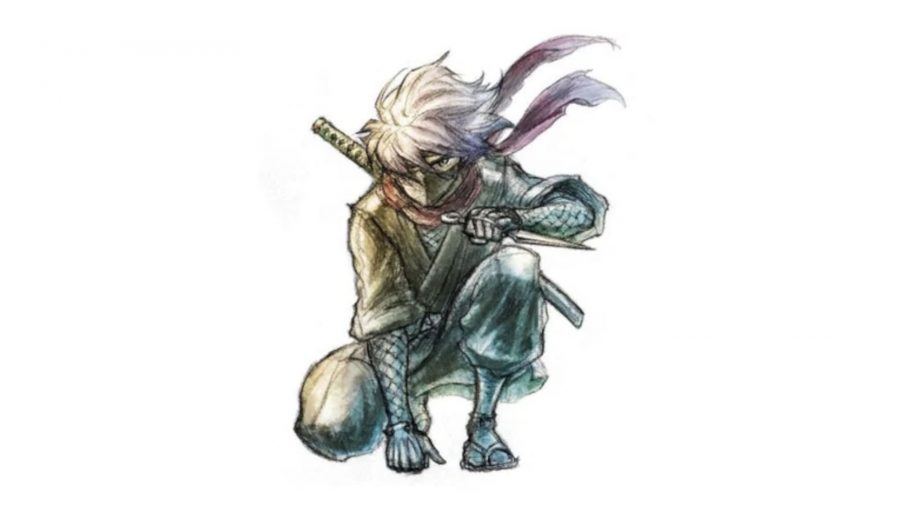 Live A Live characters - Oboro crouched down with his shinobi mask covering his face and a sword on his back