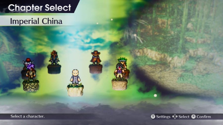 Live A Live's chapter select screen with a foresty backdrop for Imperial China