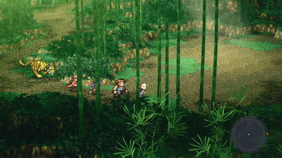 Live A Live gameplay - the Shifu walking through a green bamboo forest with his students