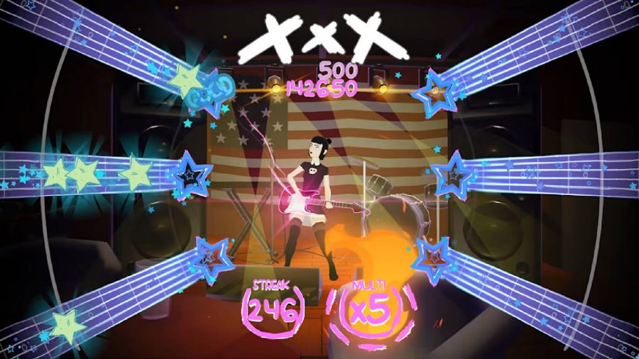 Loud review: A female character plays guitar while six seperate tracks are visible with stars moving towards the centre