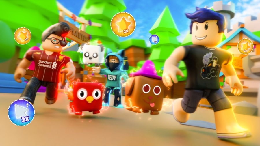 Magic Clicker codes - a group of Roblox characters and pets running with boost icons around them