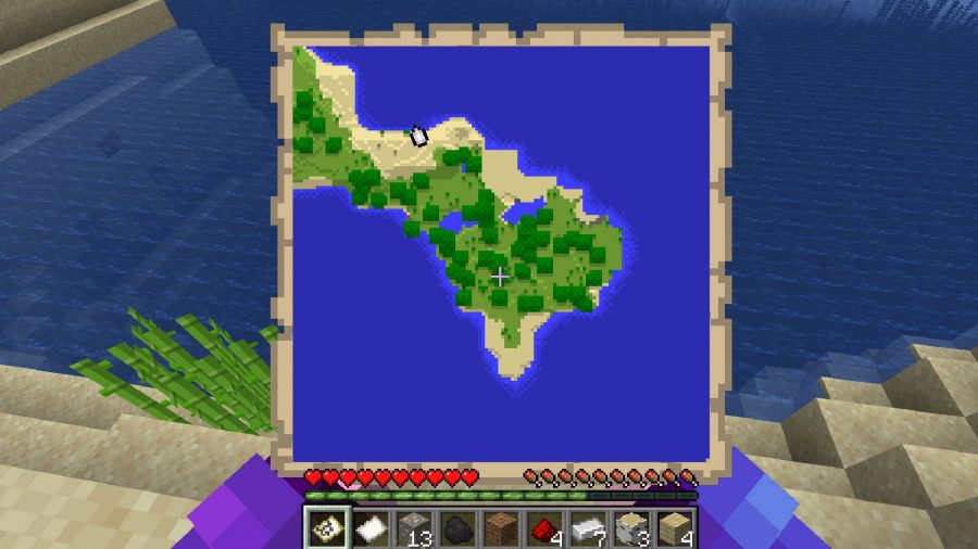 Minecraft maps: a screenshot from the game Minecraft shows a player holding a map, revealing a detailed explanation of their location 