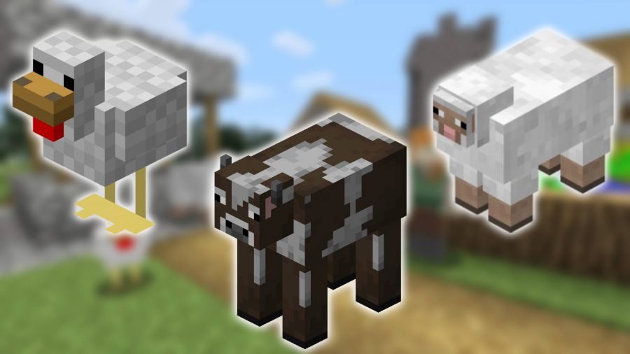 Minecraft mobs: a screenshot of Minecraft is in the background, while the foreground shows images of Minecraft versions of a chicken, a cow, and a sheep
