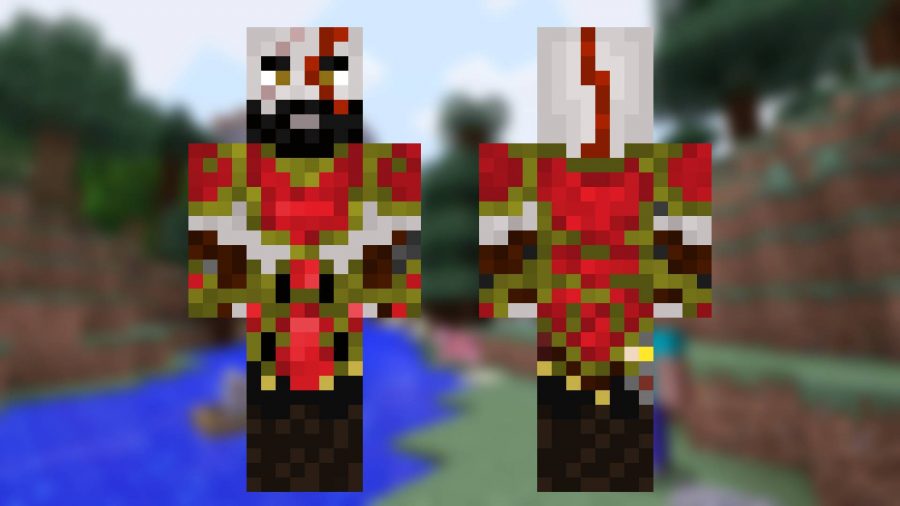 Minecrfat Skins: Kratos from God of War is visible in the Minecraft style