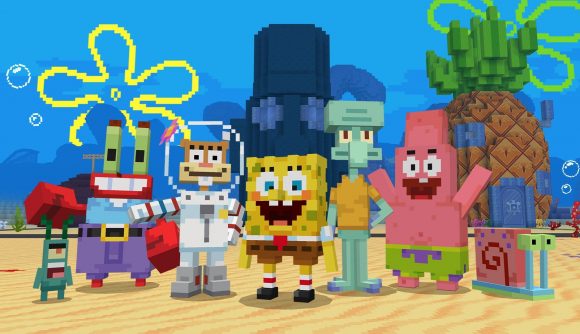 Minecraft Spongebob DLC showing Spongebob, Squidward, Patrick, Sandy, Mr. Krabs, Plankton, and Gary, except made up of Minecraft blocks. They are stood in from of the three main characters' houses.
