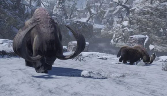 Screenshot of a popo mammoth with it's massive antlers from Monster Hunter Rise