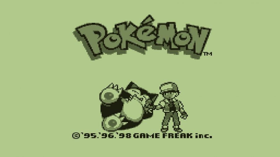 Start screen from Pokémon Blue with the player character posing next to Snorlax