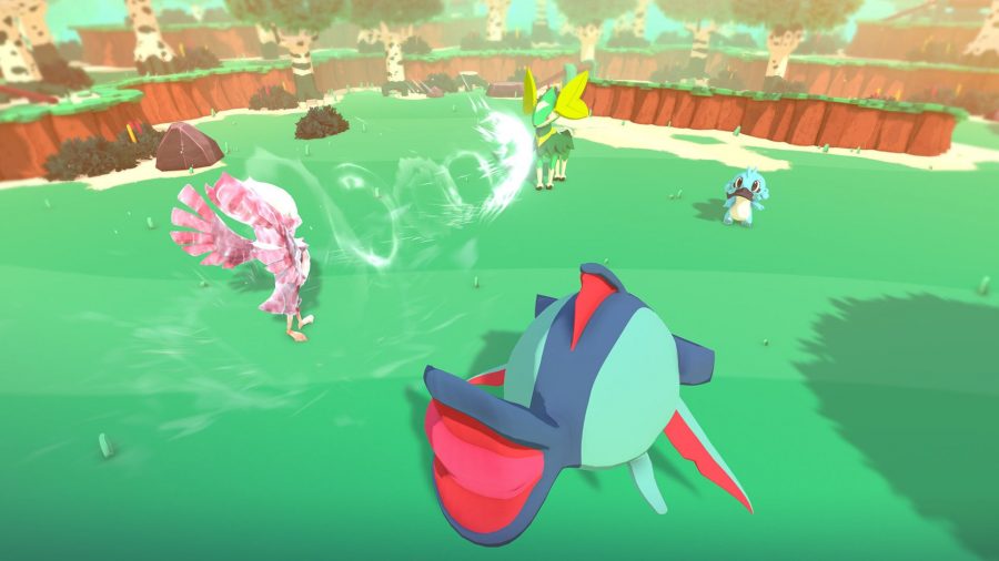 Screenshot of a double battle between four TemTem, with a wind attack taking place
