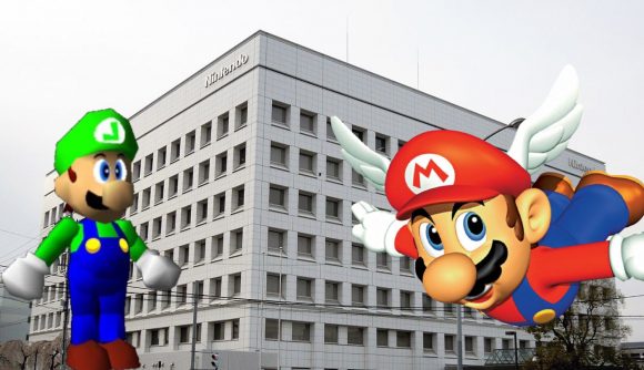 Mario and Luigi sprites superimposed onto the outside of Nintendo's large, grey, square, Kyoto HQ. It's meant to look like they are escaping (as in, leaking), but I don't know if it works.