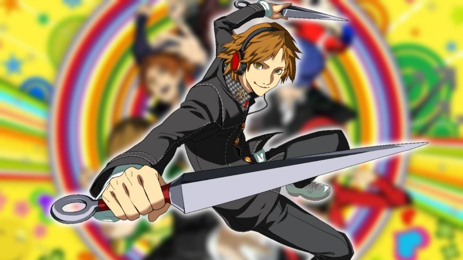 Persona 4 characters: Yosuke from Persona 4 Golden stands in an active pose wielding two blades 