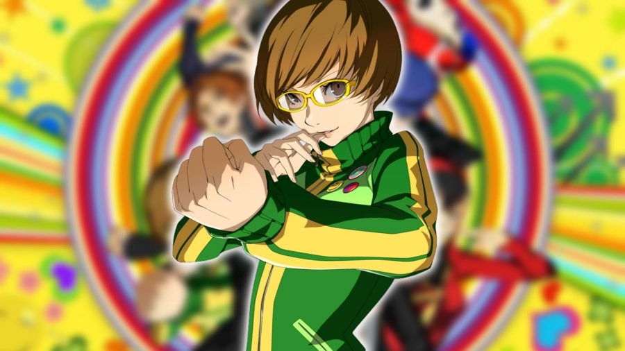 Persona 4 characters: Chie from Persona 4 Golden stands firm in a fighting pose, wearing her classic yellow and green outfit