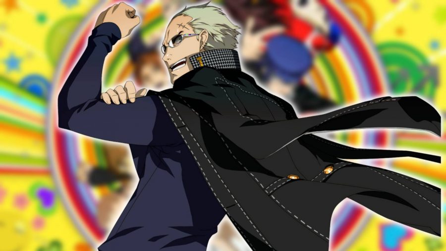 Persona 4 characters: Kanji from Persona 4 Golden appears in a dynamic pose, with his cape flowing in the wind 