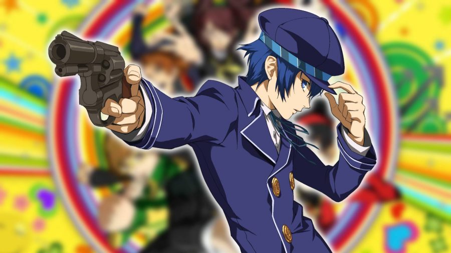 Persona 4 characters: Naoto from Persona 4 Golden stands in a dynamic pose, holding a gun towards the viewer 