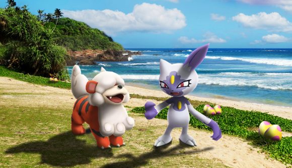 Hisuian Growlithe and Hisuian Sneasel on the beach to celebrate the Pokemon Go Hisuian Discoveries event