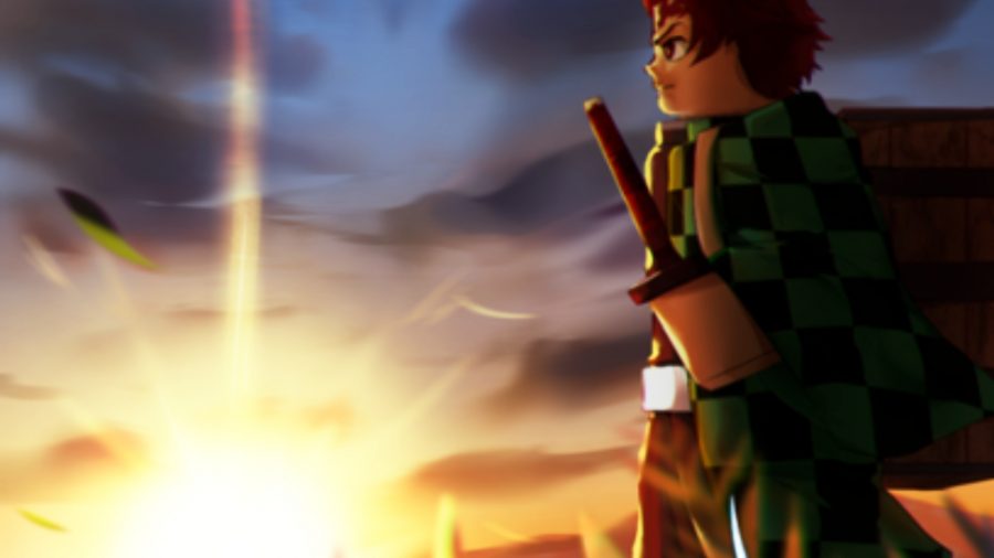 A demon slayer with a sword looking out the sunset as he prepares for Project Slayers breeathing