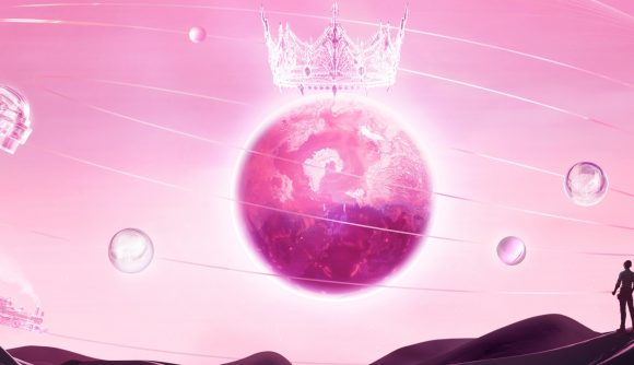 A pink sky with a pink planet in the centre that has a crown above it, while a helmet flies in from the left and a soldier stands to the right