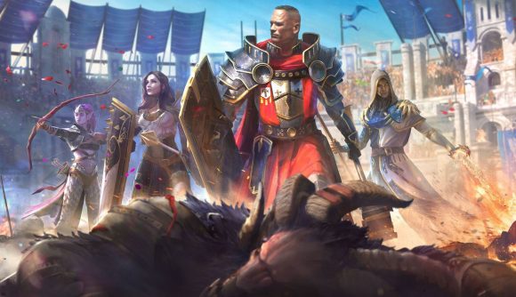 Art for Raid: Shadow Legends, showing a dead beast in the foreground, below a team of soldiers. In the middle is a shave headed man with a red knights outfit and a sword and shield in either hand. On his left and right are two women in blue soldiers outfits, the one on the right with a staff and hood up, the left with a mace and shield, and behind her a bow wielding purple woman.