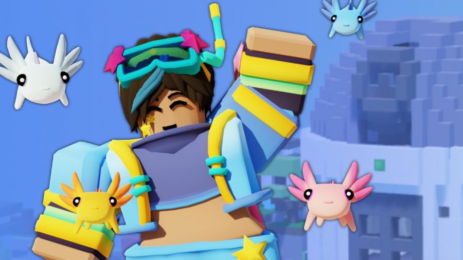 Axotl Amy character with little creatures and snorkling goggles from Roblox Bedwars