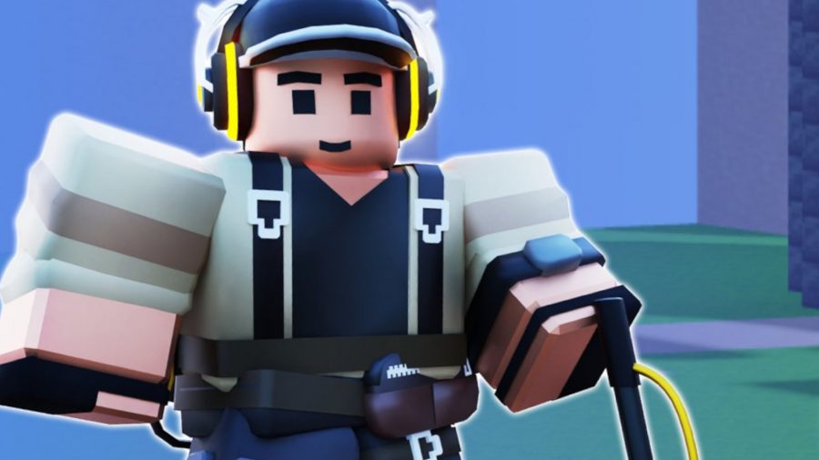 Roblox character with a metal detector and headphones from a Bedwars command