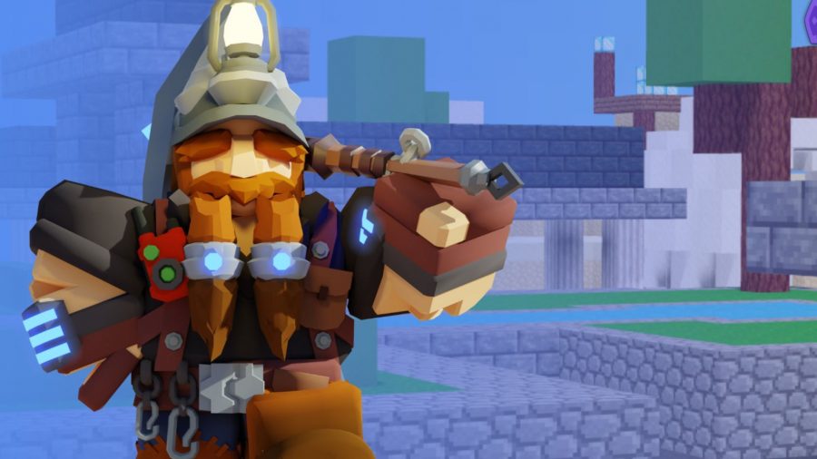 Viking character with axe over shoulder from Roblox Bedwars