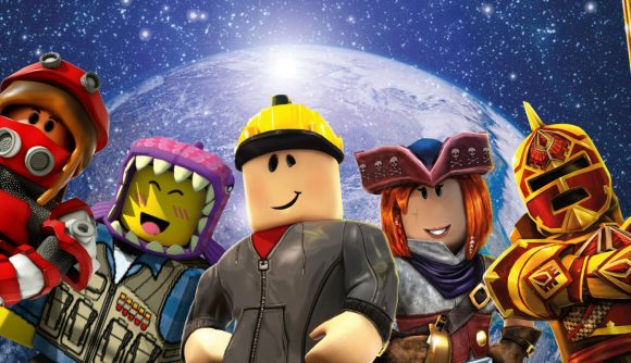 Roblox characters from different experiences all look towards the screen with happy expressions