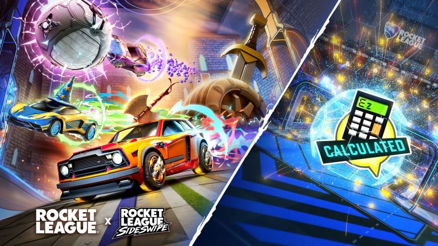 An orange hatchback with an axe in the roof alongside a supercar with a wizard hat on flying through the air in a fantastical scene from Rocket League.