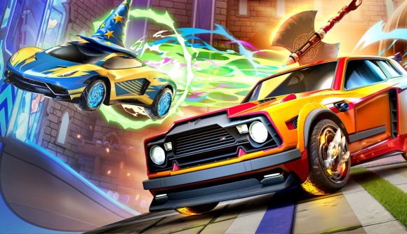 An orange hatchback with an axe in the roof alongside a supercar with a wizard hat on flying through the air in a fantastical scene from Rocket League.