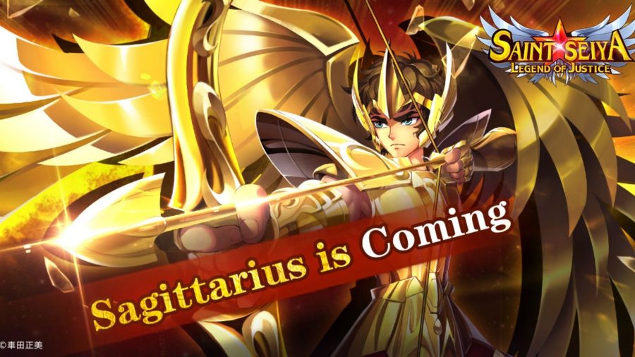 Art from Saint Seiya: Legend of Justice, showing a male character with ornate golden armour and massive golden wings. They wield a large gold bow and also have brown fluffy hair. The text reads "Sagittarius is coming".