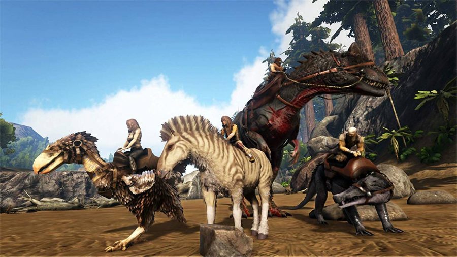 Sandbox games: a character rides a dinosaur armed with guns through several other animals 
