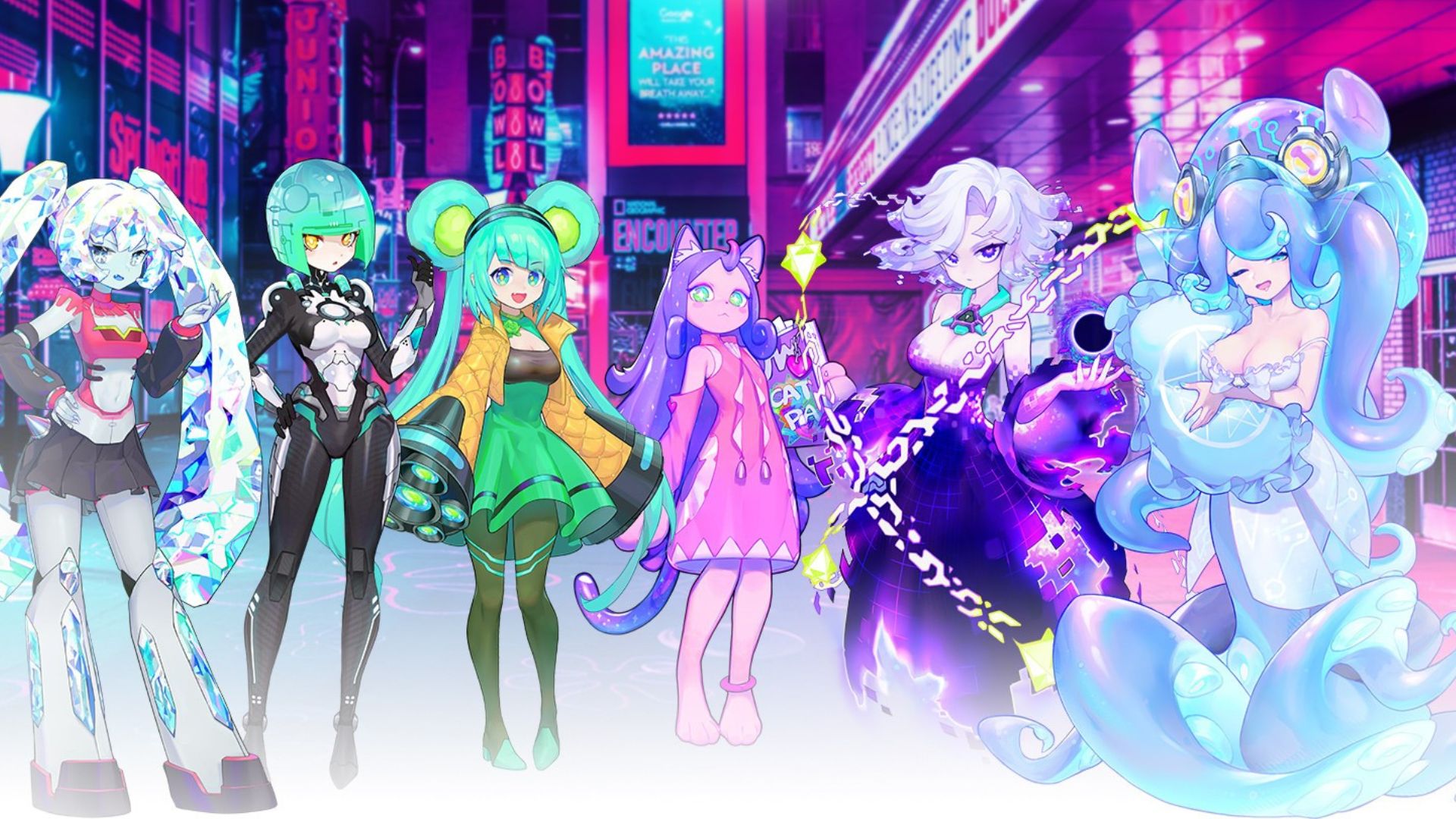 Art for Space Leaper: Cocoon, showing a lineup of anthropomorphised creatures in various colourful dresses.
